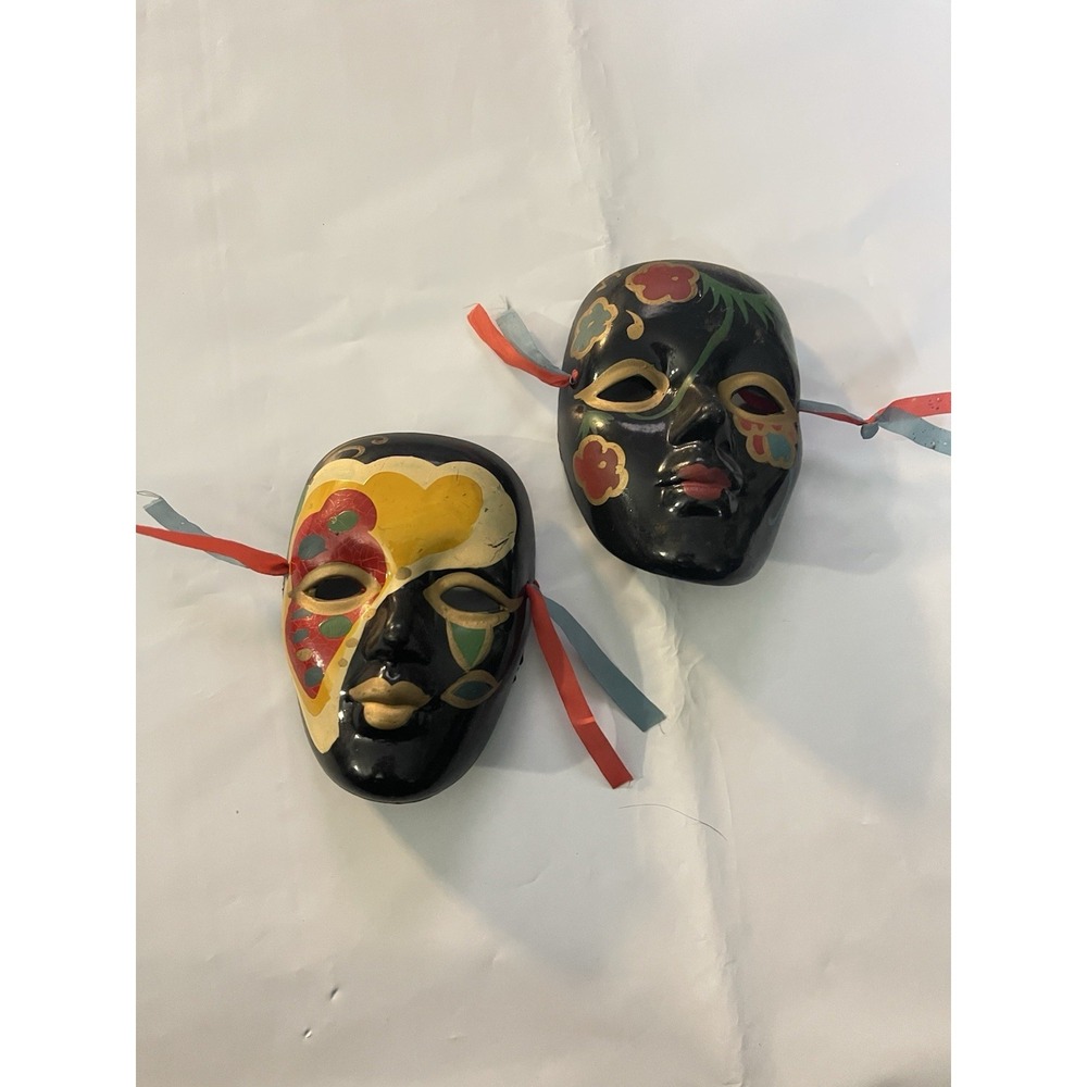 Vintage Ceramic Masquerade Wall Masks Set of 2 | Venetian Style BinA